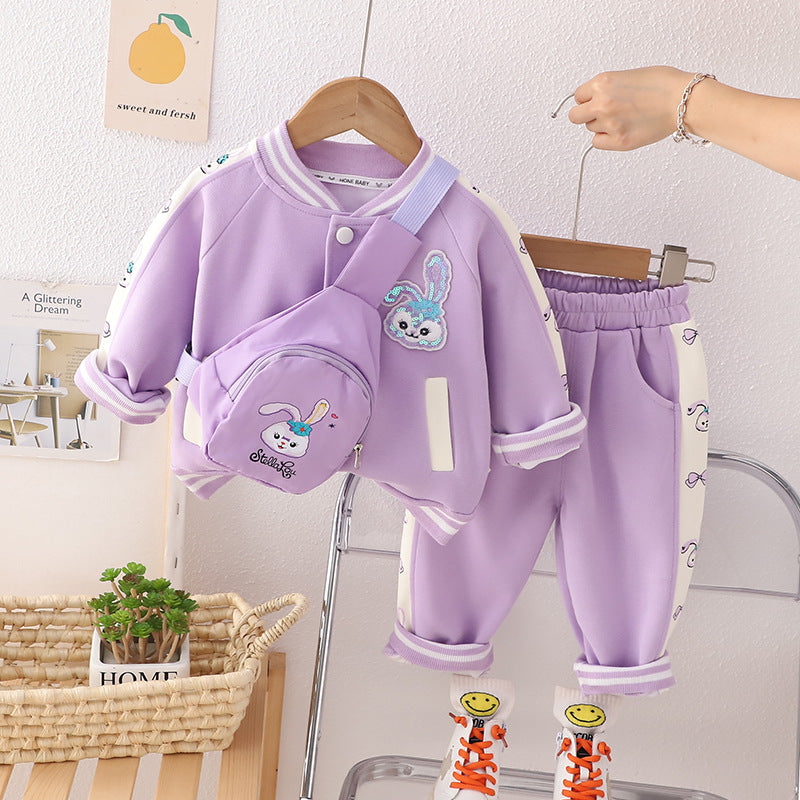 SSN040924-7 طقم بناتي قطن دافي خريفي ربيعي 3 قطع ( جكيت + بنطلون + حقيبة )