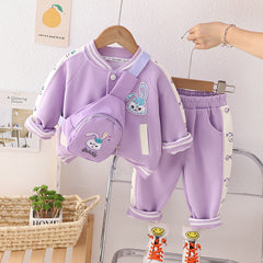 SSN040924-7 طقم بناتي قطن دافي خريفي ربيعي 3 قطع ( جكيت + بنطلون + حقيبة )