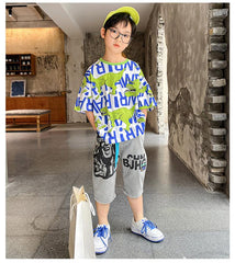 FU14042024-44 طقم ولادي صيفي ( بلوزة قطنية + بنطلون جينز + حزام وسط)