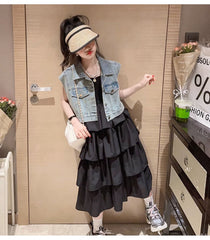 RM150424-25 فستان صيفي طبقات + فست جينز ناعم