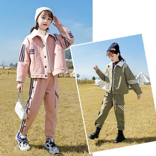 HBC040924-2 طقم بناتي شتوي مبطن فرو بالكامل قطعتين ( جكيت + بنطلون )