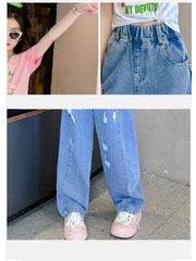 FU14042024-22 طقم بناتي صيفي قطعتين ( بلوزة قطنية + بنطلون جينز)