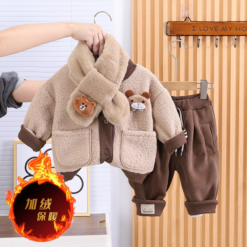 SSX220824-37 طقم ولادي شتوي مبطن فرو ( جكيت + بنطلون + لفحة)