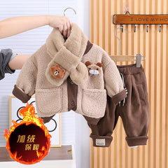 SSX220824-37 طقم ولادي شتوي مبطن فرو ( جكيت + بنطلون + لفحة)