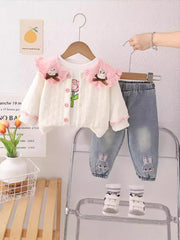 SSN040924-62 طقم بناتي قطن خريفي ربيعي 3 قطع ( جكيت + بلوزة + بنطلون جينز )