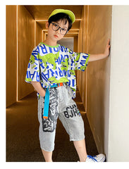 FU14042024-44 طقم ولادي صيفي ( بلوزة قطنية + بنطلون جينز + حزام وسط)