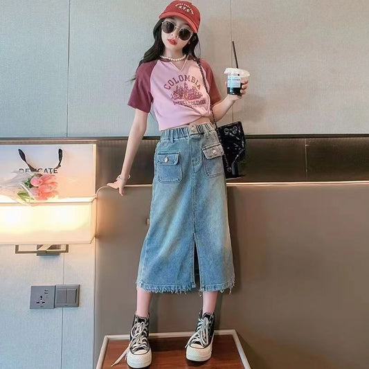 FU14042024-2 طقم بناتي صيفي قطعتين ( بلوزة+ تنورة)