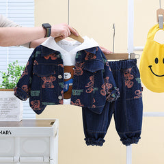 SSN040924-4 طقم جينز ولادي خريفي ربيعي 3 قطع ( بلوزة قطن + جكيت جينز + بنطلون جينز )