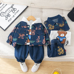 SSN040924-4 طقم جينز ولادي خريفي ربيعي 3 قطع ( بلوزة قطن + جكيت جينز + بنطلون جينز )