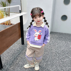 SSN040924-6 طقم بناتي قطعتين قطن خريفي ربيعي دافي ( بلوزة + بنطلون)