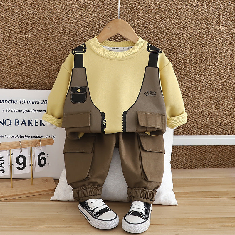 SSX220824-112 طقم ولادي خريفي ربيعي قطعتين ( بلوز قطنية + بنطلون كتان)