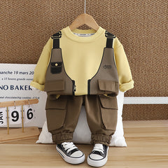 SSX220824-112 طقم ولادي خريفي ربيعي قطعتين ( بلوز قطنية + بنطلون كتان)