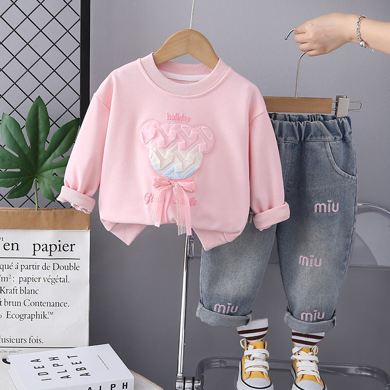 SSN040924-40 طقم بناتي جينز قطعتين ربيعي خريفي ( بلوزة + بنطلون جينز )