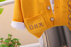 طقم ولادي 3 قطع دبدوب ( قميص + جكيت صوف + بنطلون جينز ) SSX220824-173