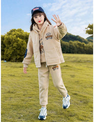 HBC040924-8 طقم بناتي شتوي مبطن فرو بالكامل 3 قطع ( بلوزة + فست + بنطلون)