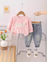 SSN040924-49 طقم بناتي ربيعي خريفي قطعتين ( بلوزة قطن دافي+ بنطلون جينز )