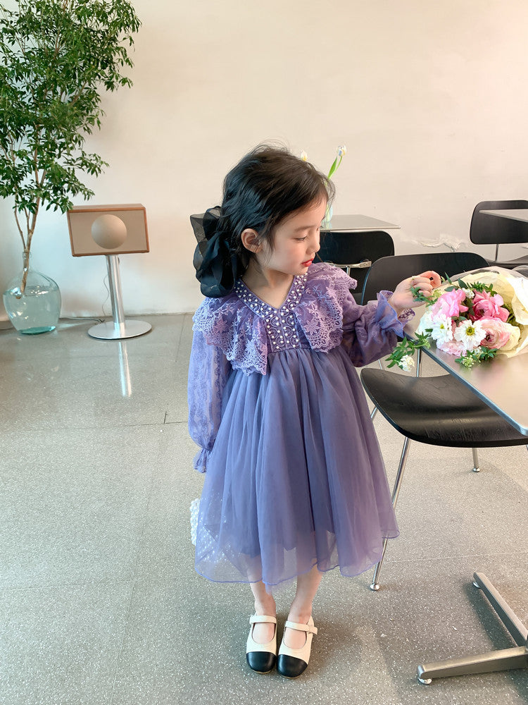 RM1231-06 فستان بناتي طبقات مزين باللولو والدانتيل