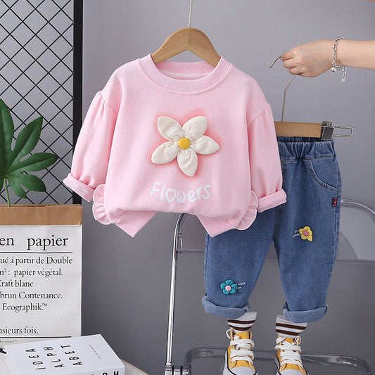 SSN040924-38 طقم بناتي جينز قطعتين ربيعي خريفي ( بلوزة + بنطلون جينز )