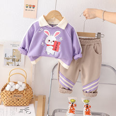 SSN040924-6 طقم بناتي قطعتين قطن خريفي ربيعي دافي ( بلوزة + بنطلون)