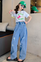 FU14042024-22 طقم بناتي صيفي قطعتين ( بلوزة قطنية + بنطلون جينز)