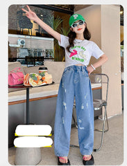 FU14042024-22 طقم بناتي صيفي قطعتين ( بلوزة قطنية + بنطلون جينز)