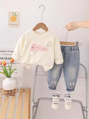 SSN040924-49 طقم بناتي ربيعي خريفي قطعتين ( بلوزة قطن دافي+ بنطلون جينز )