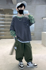 RM1227-43 طقم ولادي خامة تقيلة بجي قطعتين ( بلوزة قطنية + بنطلون كتان)