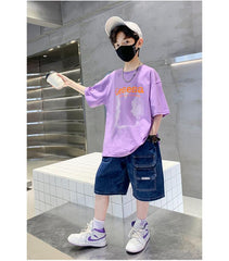 FU14042024-66 طقم ولادي صيفي قعطتين ( بلوز + بنطلون جينز)