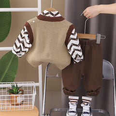 SSX220824-138 طقم ولادي خريفي ربيعي 3 قطع ( قميص + فست صوف + بنطلون كتان)