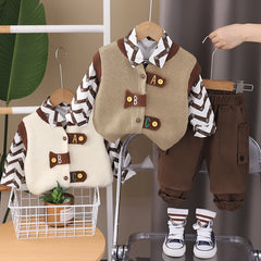 SSX220824-138 طقم ولادي خريفي ربيعي 3 قطع ( قميص + فست صوف + بنطلون كتان)