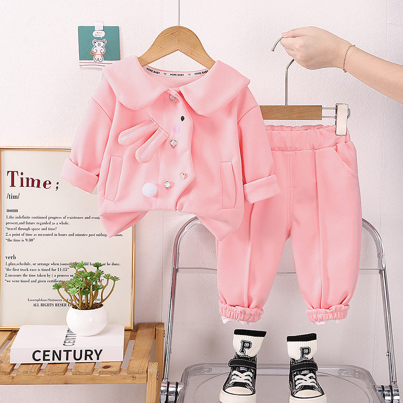 SSN040924-68 طقم بناتي قطن خريفي ربيعي دافي قطعتين ( جكيت + بنطلون)