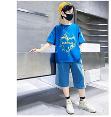 FU14042024-73 طقم ولادي صيفي قطعتين ( بلوزة + بنطلون جينز)