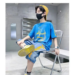 FU14042024-73 طقم ولادي صيفي قطعتين ( بلوزة + بنطلون جينز)