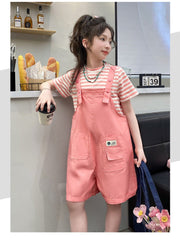 RM150424-15 طقم بناتي صيفي قطعتين ( بلوزة + افرهول)