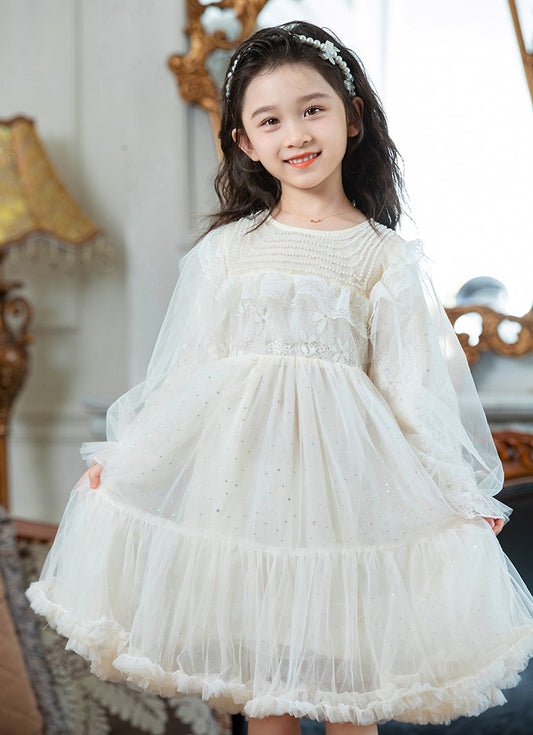 RM1231-04 فستان بناتي اوف وايت مزين باللؤلؤ و والدانتيل المطرز واللميع