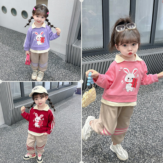 SSN040924-6 طقم بناتي قطعتين قطن خريفي ربيعي دافي ( بلوزة + بنطلون)