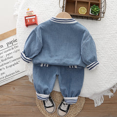 SSX220824-145 طقم ولادي 3 قطع ( جكيت جينز + بنطلون جينز + بلوزة )