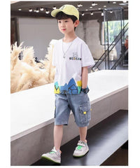 FU14042024-51 طقم ولادي صيفي جينز قطعتين ( بلوزة + بنطلون)