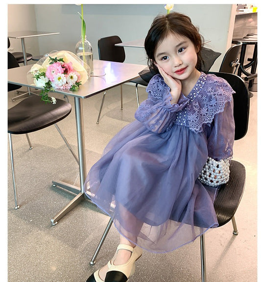 RM1231-06 فستان بناتي طبقات مزين باللولو والدانتيل