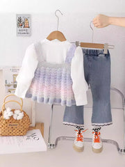 SSN040924-46 طقم جينز بناتي خريفي ربيعي 3 قطع ( بلوزة صوف + بلوزة قطنية + بنطلون جينز )