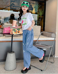 FU14042024-22 طقم بناتي صيفي قطعتين ( بلوزة قطنية + بنطلون جينز)