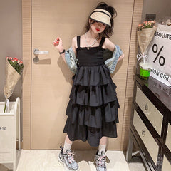 RM150424-25 فستان صيفي طبقات + فست جينز ناعم