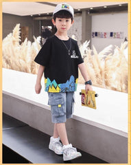 FU14042024-51 طقم ولادي صيفي جينز قطعتين ( بلوزة + بنطلون)