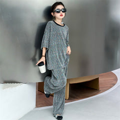 RM150424-32 طقم بناتي بلمع مزين بالبرق قطعتين ( بلوزة + بنطلون)