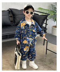 RM1227-17 طقم جينز برسومات مميزة بجي قطعتين ( جكيت + بنطلون)