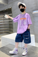 FU14042024-66 طقم ولادي صيفي قعطتين ( بلوز + بنطلون جينز)