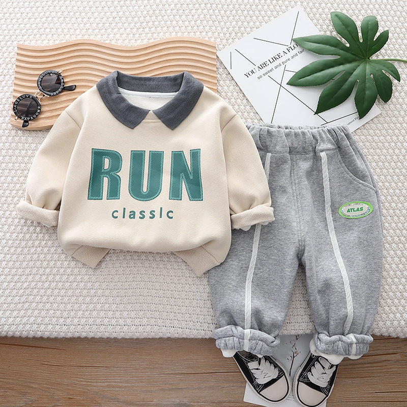 SSX220824-19 طقم ولادي شتوي تقيل مبطن فرو بالكامل قطعتين ( بلوزة + بنطلون)