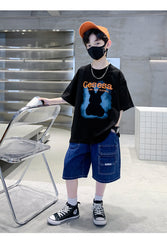 FU14042024-66 طقم ولادي صيفي قعطتين ( بلوز + بنطلون جينز)