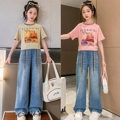 FU14042024-17 طقم بناتي قطعتين ( بلوزة + بنطلون جينز)