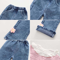 AO0508-64 طقم بناتي 3 قطع ( بلوزة + جكيت + بنطلون جينز )